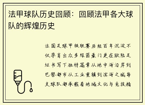 法甲球队历史回顾：回顾法甲各大球队的辉煌历史