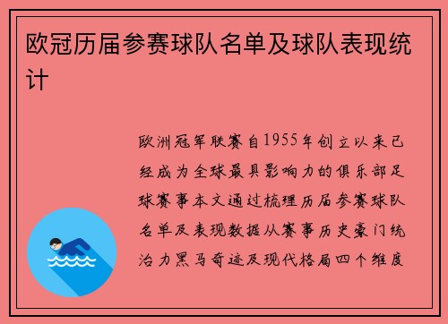 欧冠历届参赛球队名单及球队表现统计